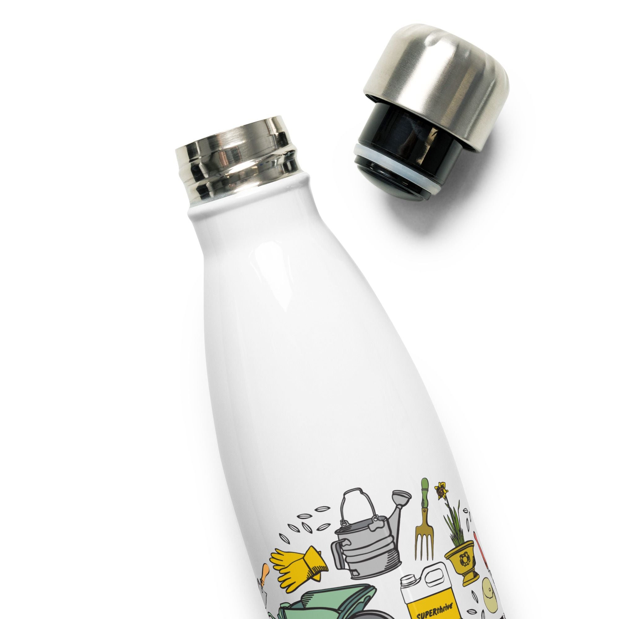 A white stainless steel water bottle with a colorful logo featuring various items and plants, and the text 'Ferry-Morse'.